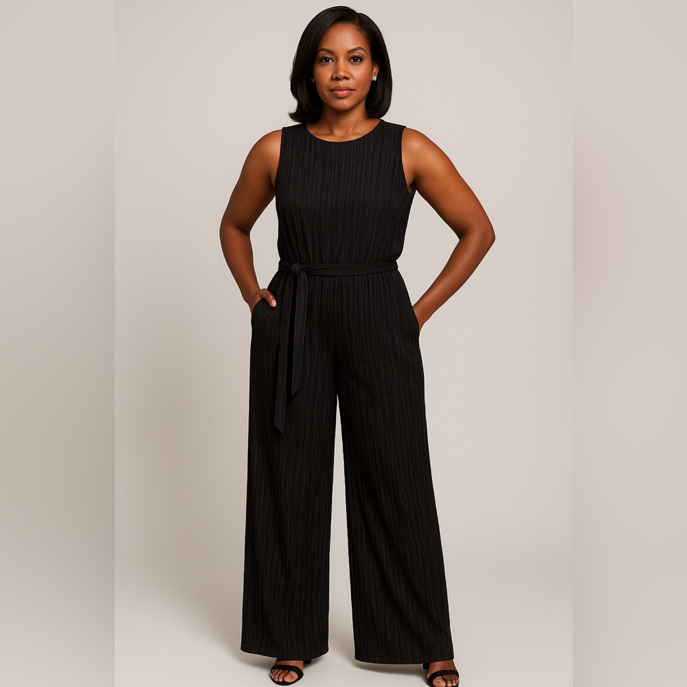 Anne Klein Black Textured Jumpsuit 16 w pockets